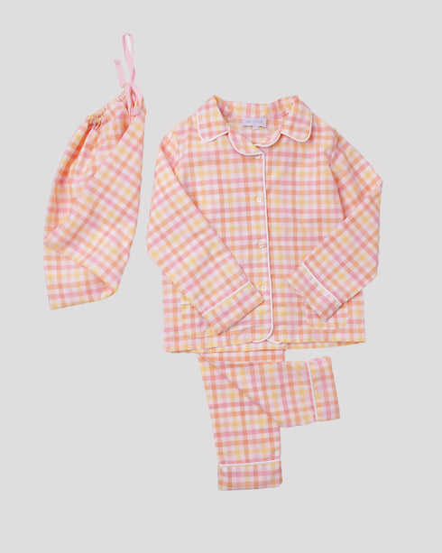 Pijama din bumbac cu saculet cu carouri galbene